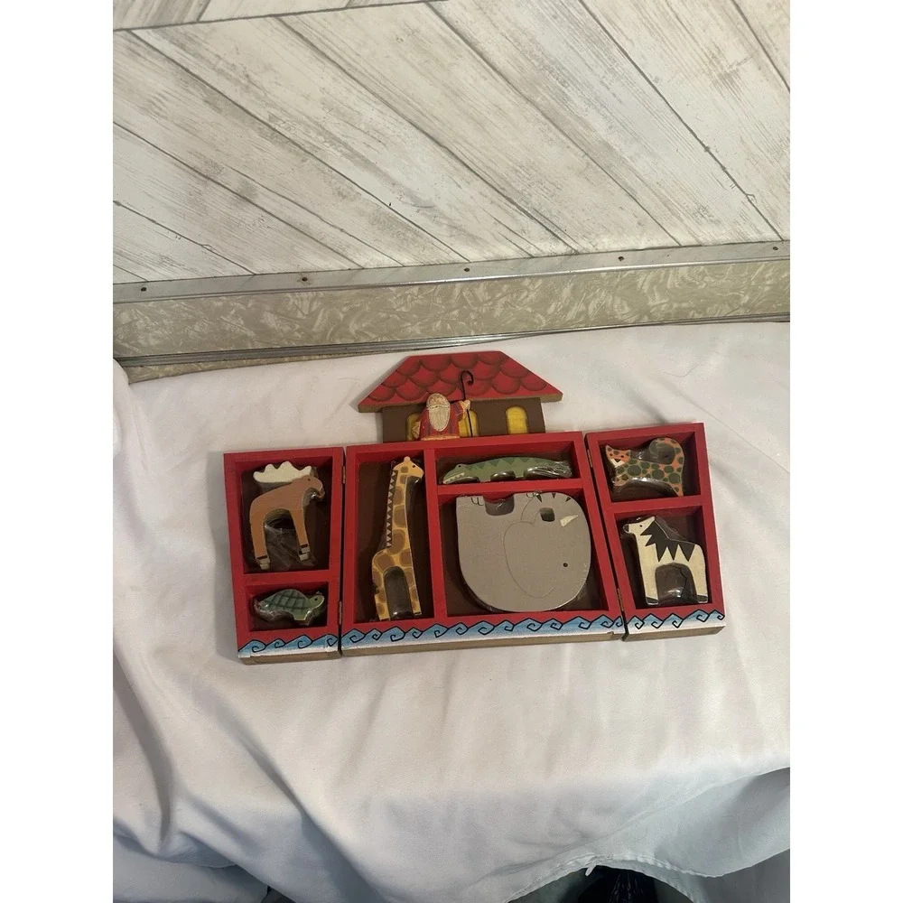 Vintage Wooden Noah's Ark Toy Set Animals Puzzle Box Made in China